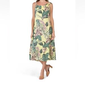 BELLA AMBRA Italy 100% Linen Tropical Flounce Midi Dress Shift Ruffle Size Large